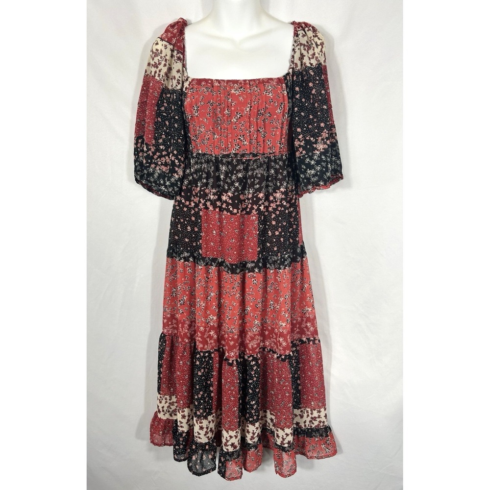 Forever 21 Women's Smocked Midi Dress Size M Patchwork Boho Prairie Cottagecore‎